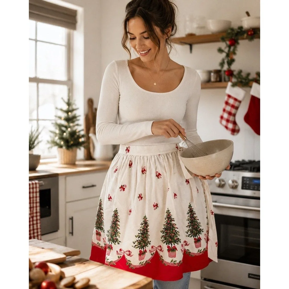 Vintage Christmas Half Apron Tree Bow Print Red Cream Holiday Hostess